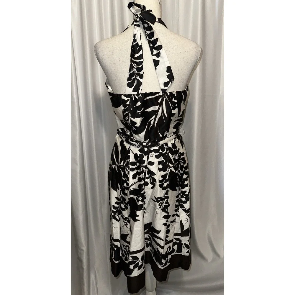 White House Black Market Dress Womens Size 8 Halter Summer Lined Leaf Black Whit - Picture 2 of 11